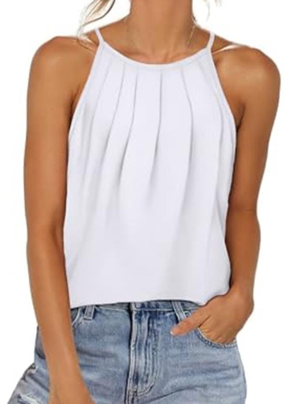 Womens White  Pleated Tank Tops Spaghetti Strap Camisole Halter Tops Curved Hem
